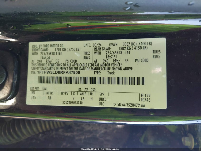 2024 Ford F-150 Xlt VIN: 1FTFW3LD8RFA47909 Lot: 43805236