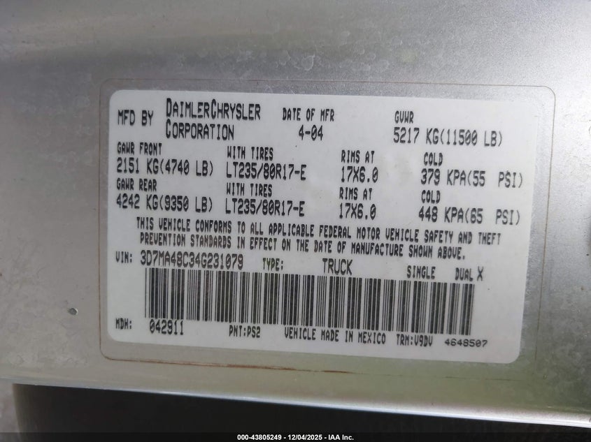 3D7MA48C34G231079 2004 DODGE RAM photo no. 8
