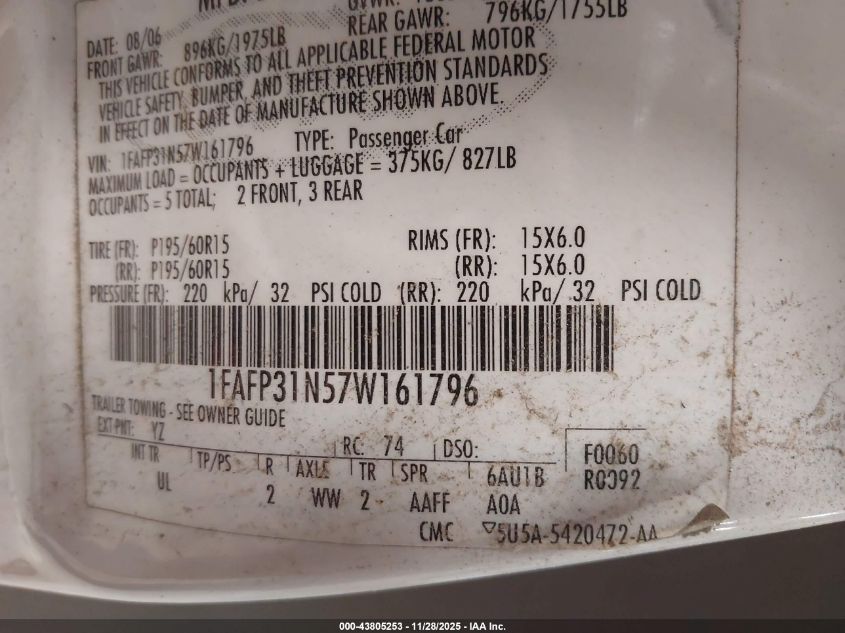 2007 Ford Focus S/Se/Ses VIN: 1FAFP31N57W161796 Lot: 43805253