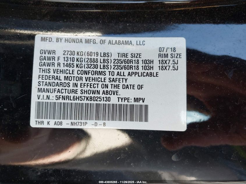 2019 Honda Odyssey Ex VIN: 5FNRL6H57KB025130 Lot: 43805265