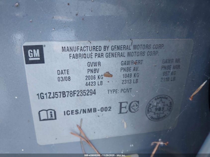 2008 Chevrolet Malibu Lt VIN: 1G1ZJ57B78F235294 Lot: 43805288