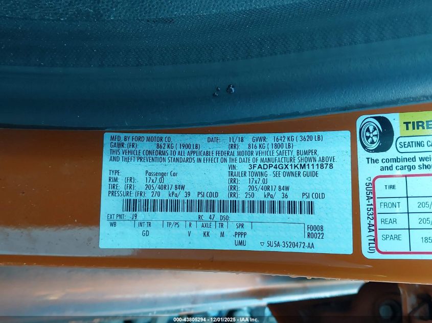 2019 Ford Fiesta St VIN: 3FADP4GX1KM111878 Lot: 43805294