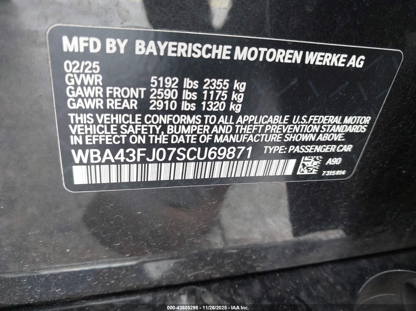 2025 BMW 530I VIN: WBA43FJ07SCU69871 Lot: 43805298