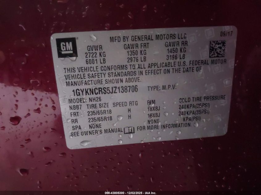 2018 Cadillac Xt5 Luxury VIN: 1GYKNCRS5JZ138706 Lot: 43805300