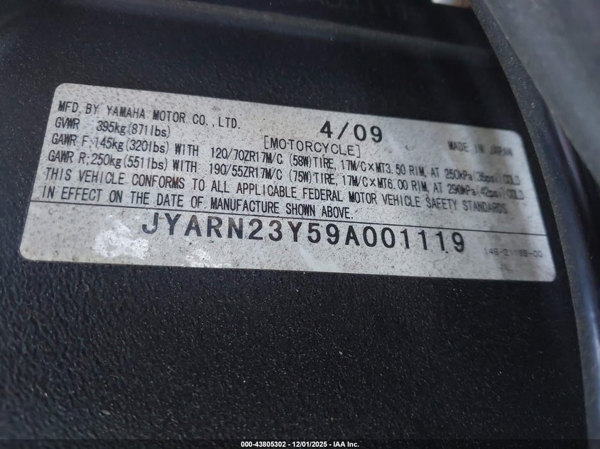 2009 Yamaha Yzfr1 VIN: JYARN23Y59A001119 Lot: 43805302