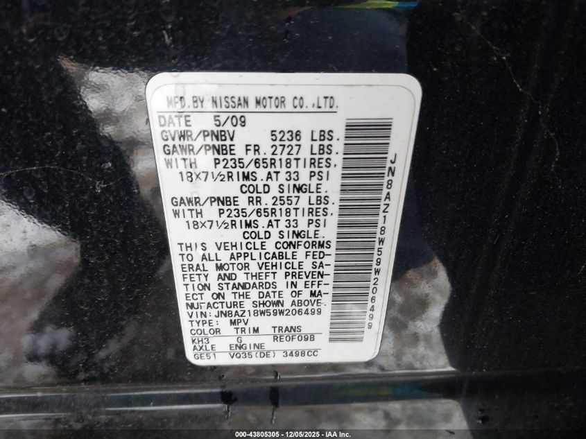 2009 Nissan Murano Sl VIN: JN8AZ18W59W206499 Lot: 43805305