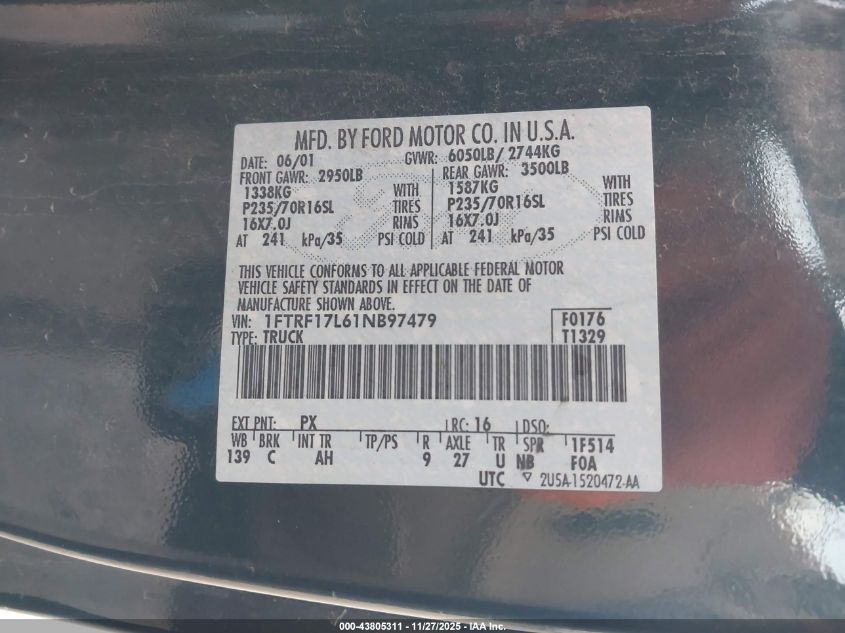 2001 Ford F-150 VIN: 1FTRF17L6ZNB97479 Lot: 43805311
