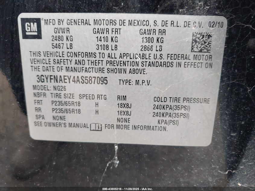 2010 Cadillac Srx Luxury Collection VIN: 3GYFNAEY4AS587095 Lot: 43805316