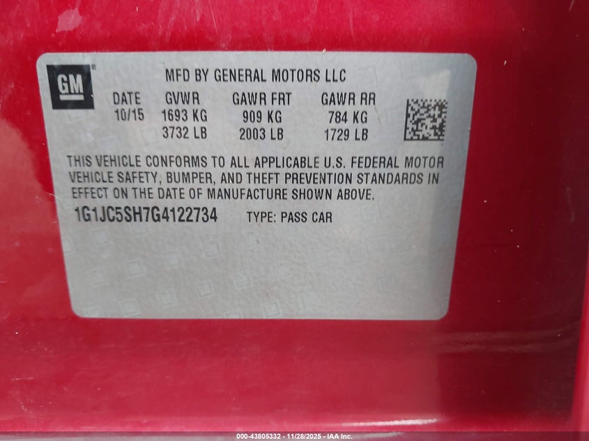 2016 Chevrolet Sonic Lt Auto VIN: 1G1JC5SH7G4122734 Lot: 43805332