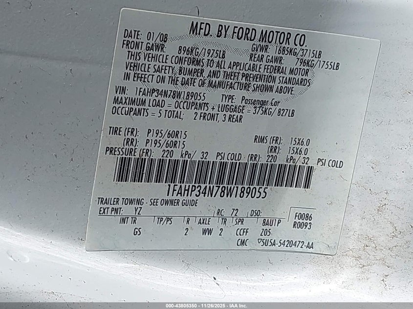 2008 Ford Focus S VIN: 1FAHP34N78W189055 Lot: 43805350