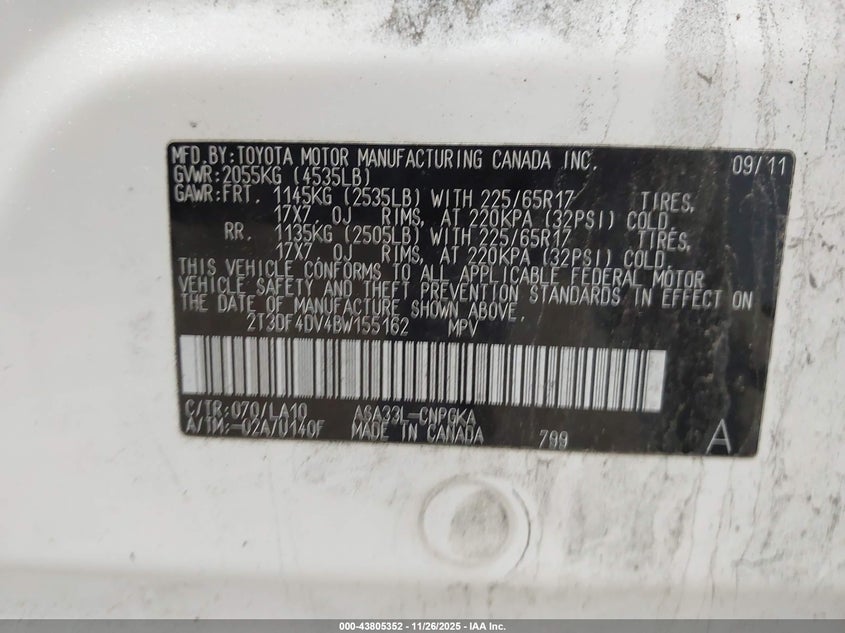 2011 Toyota Rav4 Limited VIN: 2T3DF4DV4BW155162 Lot: 43805352