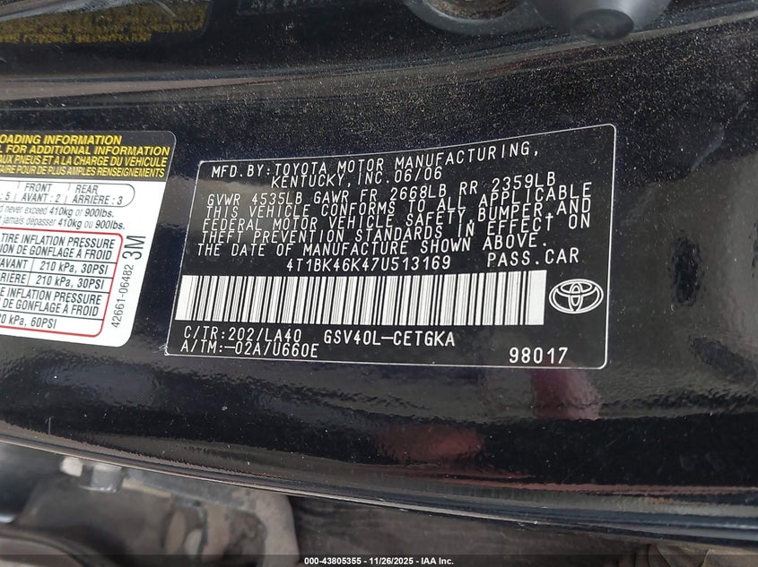 2007 Toyota Camry Xle V6 VIN: 4T1BK46K47U513169 Lot: 43805355