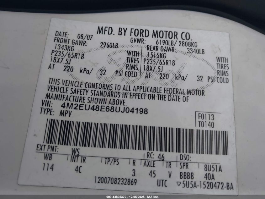 2008 Mercury Mountaineer Premier VIN: 4M2EU48E68UJ04198 Lot: 43805370