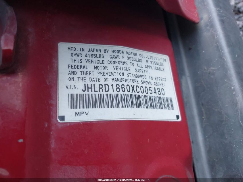 1999 Honda Cr-V Ex VIN: JHLRD1860XC005480 Lot: 43805382