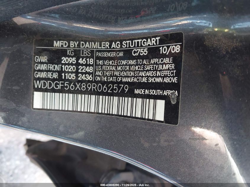 2009 Mercedes-Benz C 350 Sport VIN: WDDGF56X89R062579 Lot: 43805390