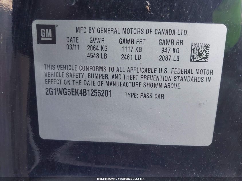 2011 Chevrolet Impala Lt VIN: 2G1WG5EK4B1255201 Lot: 43805393
