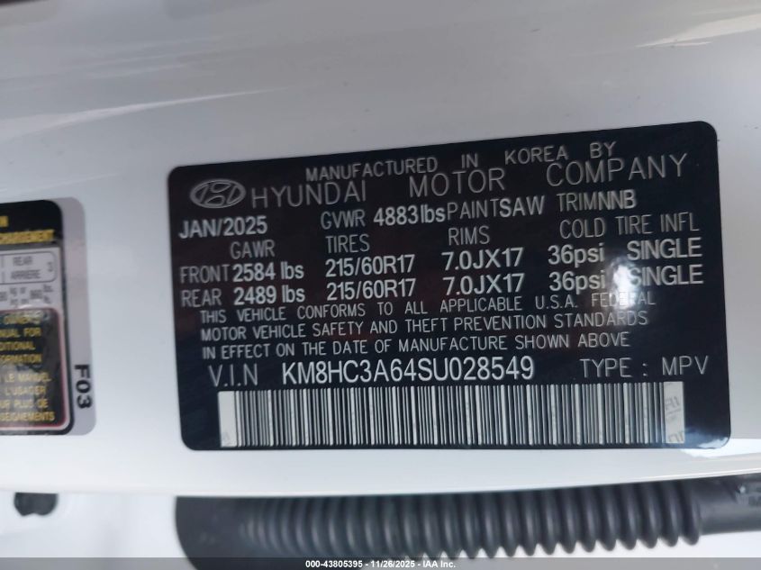 2025 Hyundai Kona Electric Sel VIN: KM8HC3A64SU028549 Lot: 43805395