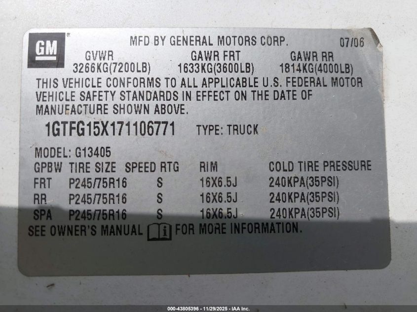2007 GMC Savana Work Van VIN: 1GTGG29V971105063 Lot: 43805396