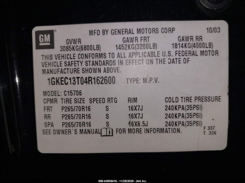 2004 GMC Yukon Slt VIN: 1GKEC13T04R162600 Lot: 43805418