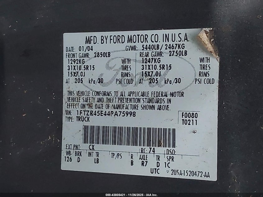 2004 Ford Ranger Edge/Tremor/Xlt VIN: 1FTZR45E44PA75998 Lot: 43805421