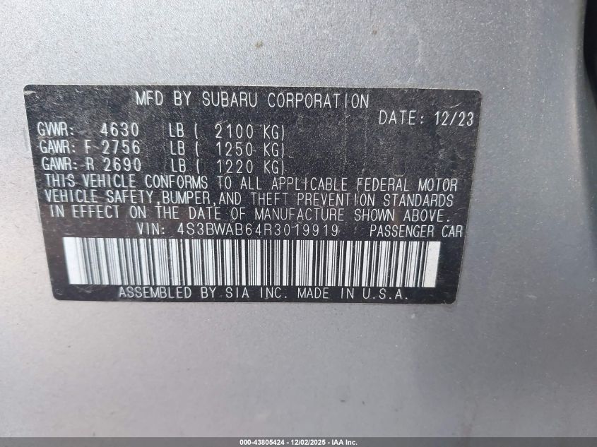 2024 Subaru Legacy VIN: 4S3BWAB64R3019919 Lot: 43805424