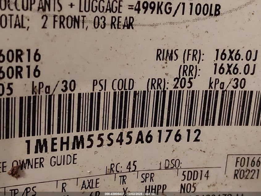 2005 Mercury Sable Ls VIN: 1MEHM55S45A617612 Lot: 43805437