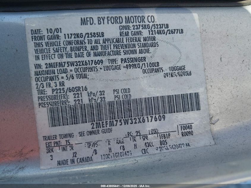 2002 Mercury Grand Marquis Ls VIN: 2MEFM75W32X617609 Lot: 43805441