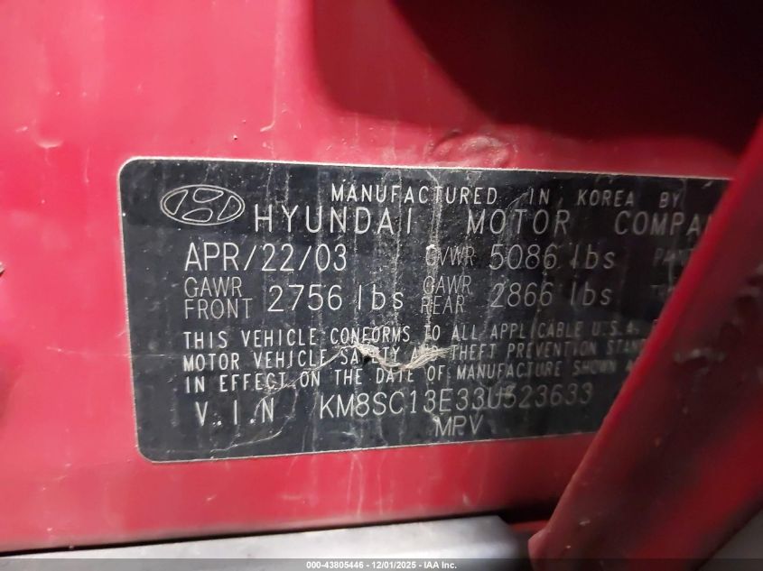 KM8SC13E33U523633 2003 HYUNDAI SANTA FE photo no. 9