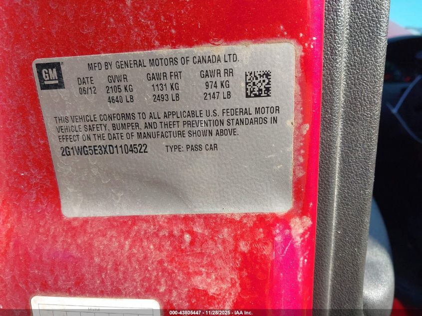 2013 Chevrolet Impala Lt VIN: 2G1WG5E3XD1104522 Lot: 43805447