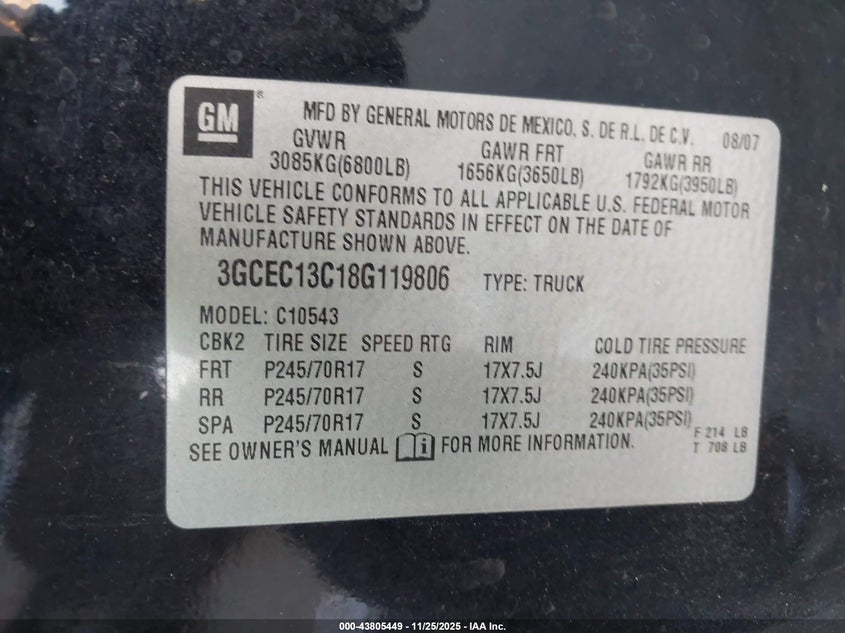 2008 Chevrolet Silverado 1500 Ls VIN: 3GCEC13C18G119806 Lot: 43805449