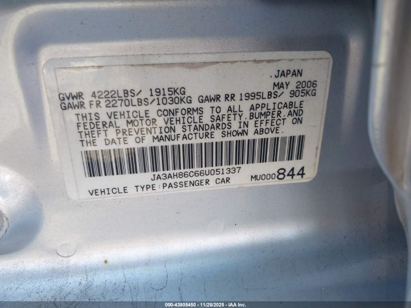 2006 Mitsubishi Lancer Evolution Ix/Mr VIN: JA3AH86C66U051337 Lot: 43805450