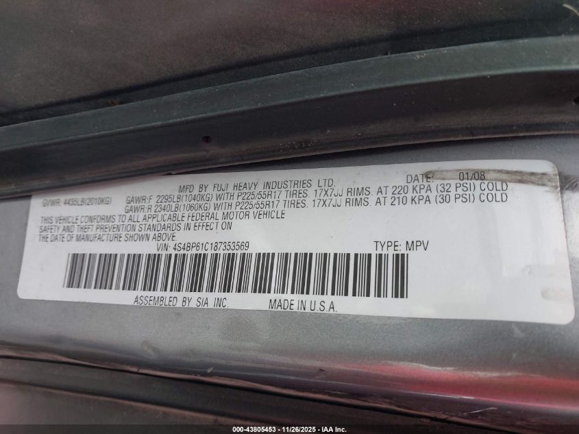 2008 Subaru Outback 2.5I/2.5I L.l. Bean Edition VIN: 4S4BP61C187353569 Lot: 43805453