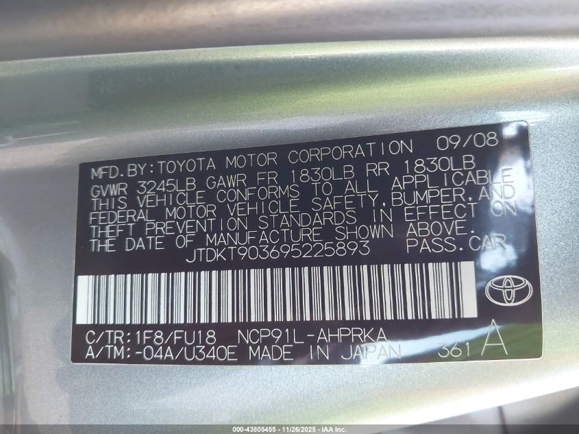 2009 Toyota Yaris VIN: JTDKT903695225893 Lot: 43805455