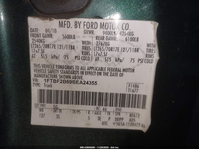 2011 Ford F-250 Xlt VIN: 1FTBF2B69BEA24355 Lot: 43805459