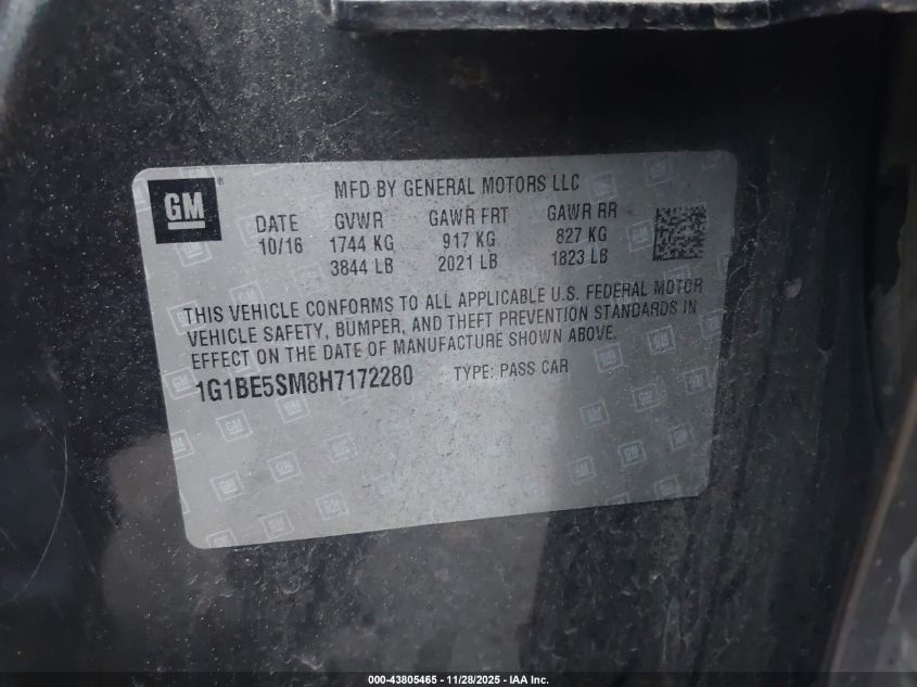 2017 Chevrolet Cruze Lt Auto VIN: 1G1BE5SM8H7172280 Lot: 43805465
