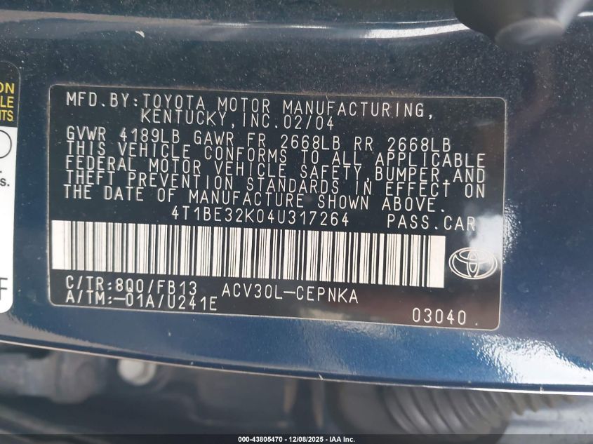 2004 Toyota Camry Le VIN: 4T1BE32K04U317264 Lot: 43805470