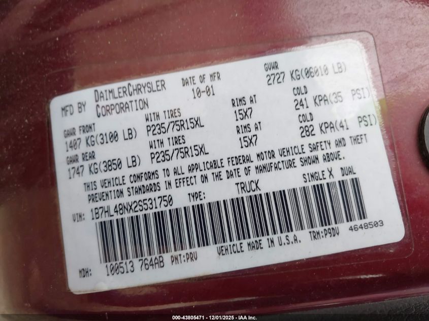 2002 Dodge Dakota Slt VIN: 1B7HL48NX2S531750 Lot: 43805471