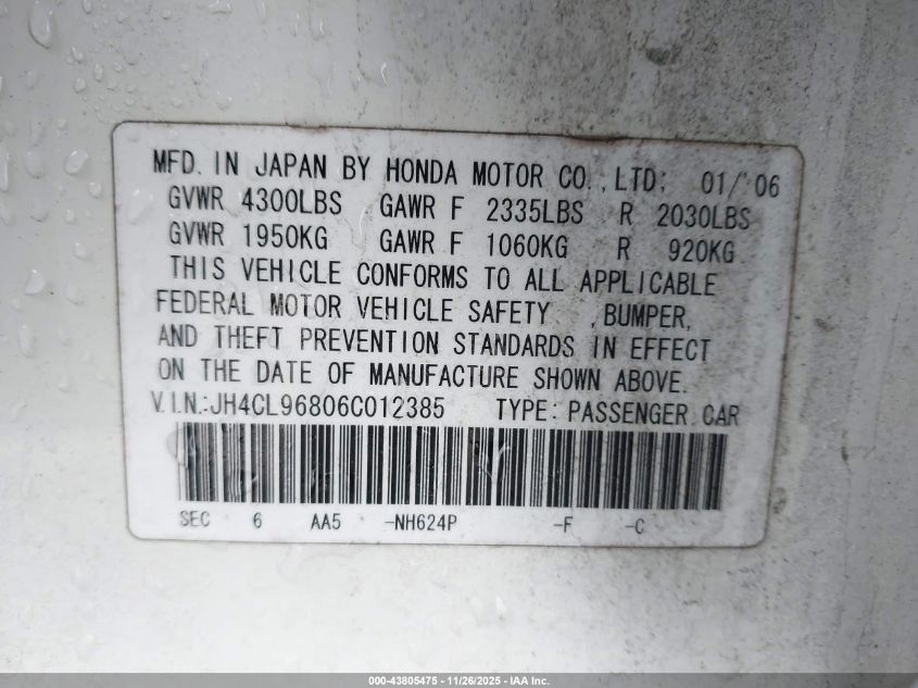 2006 Acura Tsx VIN: JH4CL96806C012385 Lot: 43805475