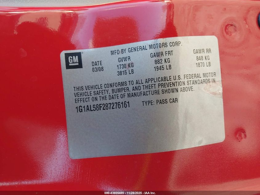 2008 Chevrolet Cobalt Lt VIN: 1G1AL58F287276161 Lot: 43805485