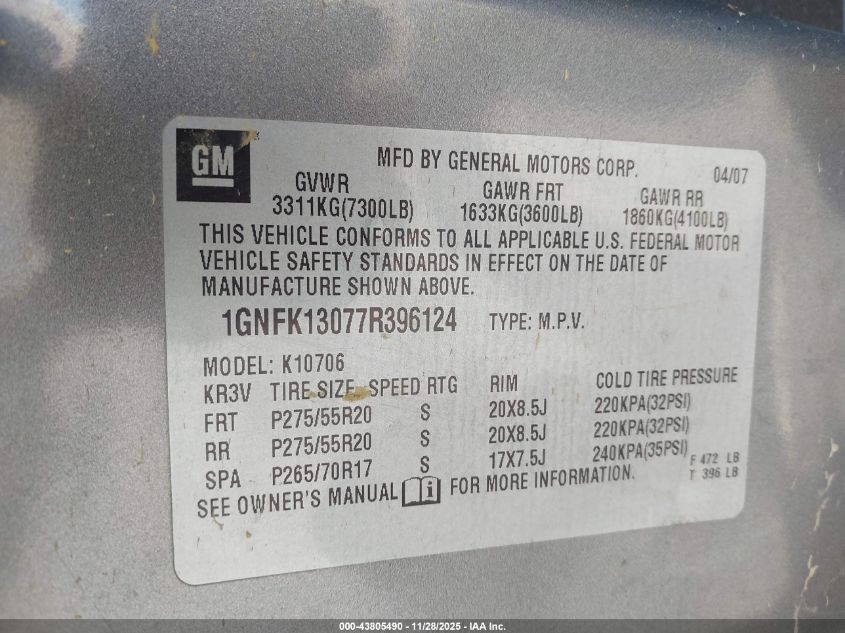 2007 Chevrolet Tahoe Ltz VIN: 1GNFK13077R396124 Lot: 43805490