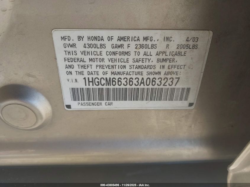 2003 Honda Accord 3.0 Lx VIN: 1HGCM66363A063237 Lot: 43805496