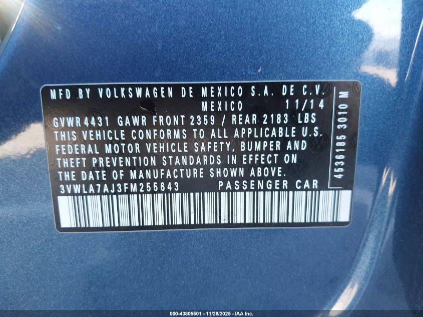 2015 Volkswagen Jetta 2.0L Tdi Se VIN: 3VWLA7AJ3FM255643 Lot: 43805501