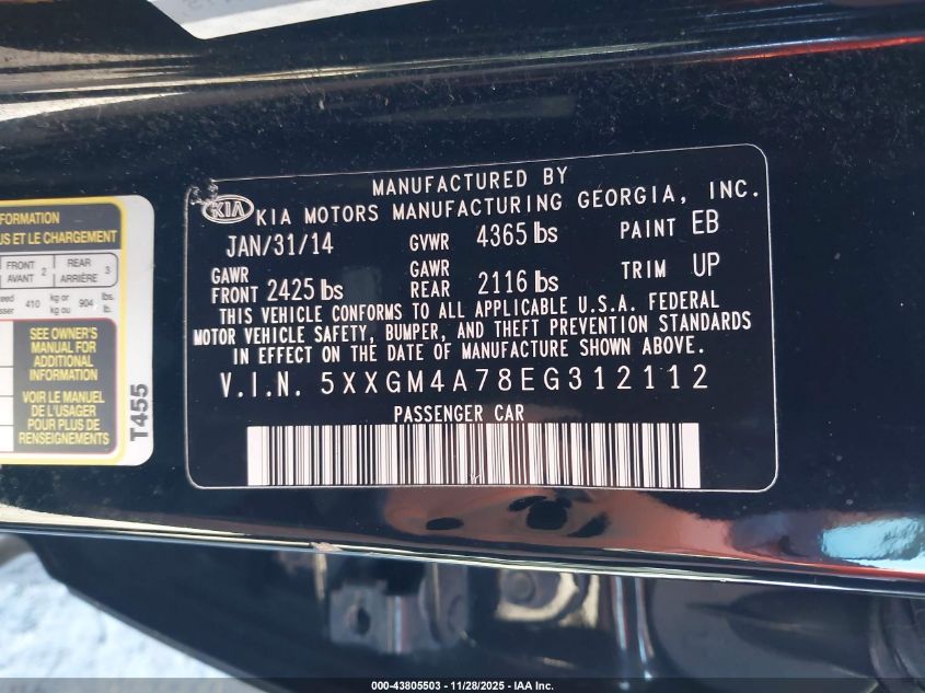 2014 Kia Optima Lx VIN: 5XXGM4A78EG312112 Lot: 43805503