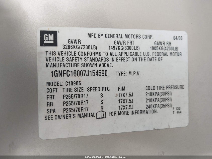 2007 Chevrolet Suburban 1500 Lt VIN: 1GNFC16007J154590 Lot: 43805504
