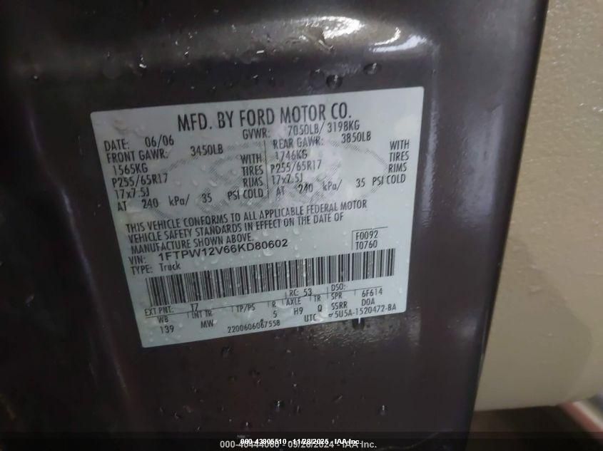 2006 Ford F-150 Lariat/Xlt VIN: 1FTPW12V66KD80602 Lot: 43805510