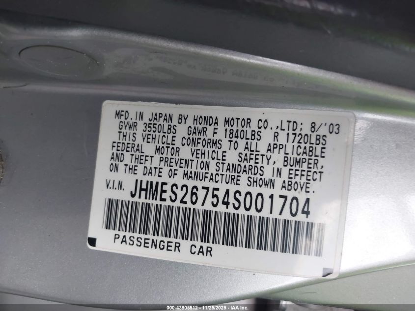 2004 Honda Civic Ex VIN: JHMES26754S001704 Lot: 43805512