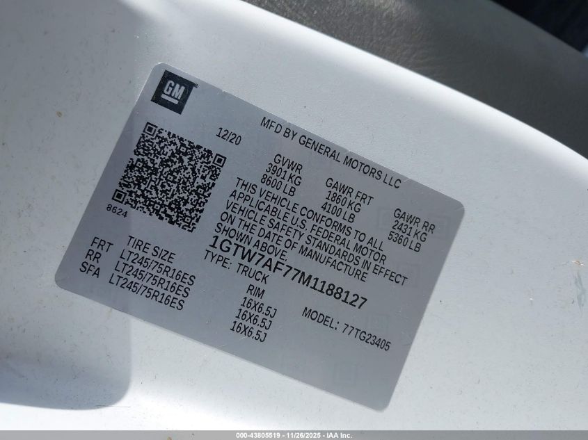 2021 GMC Savana Cargo Rwd 2500 Regular Wheelbase Work Van VIN: 1GTW7AF77M1188127 Lot: 43805519