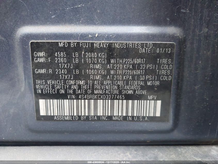 2013 Subaru Outback 2.5I Limited VIN: 4S4BRBKCXD3277465 Lot: 43805524
