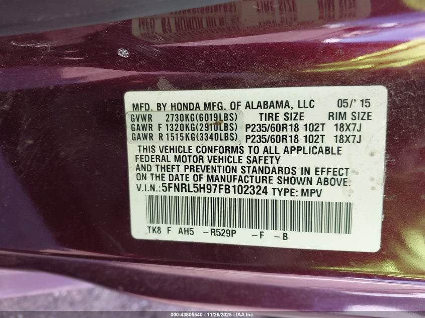 2015 Honda Odyssey Touring/Touring Elite VIN: 5FNRL5H97FB102324 Lot: 43805540