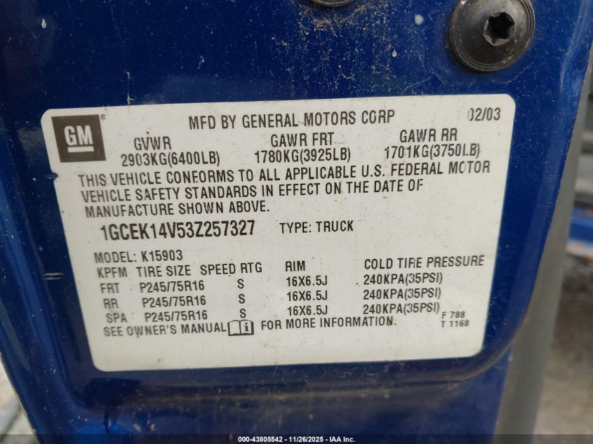 2003 Chevrolet Silverado 1500 Work Truck VIN: 1GCEK14V53Z257327 Lot: 43805542